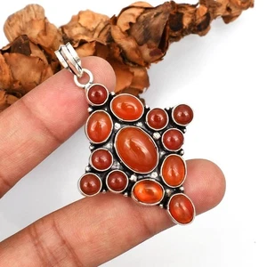 Orange Carnelian Gemstone Handmade 925 Sterling Silver Jewelry Pendant Sz-2.10" - Picture 1 of 8