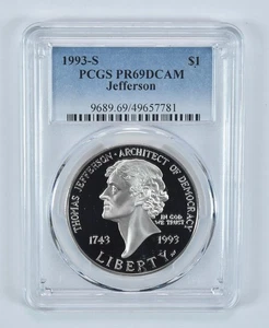 1993-S Jefferson Commemorative Dollar PR69 DCAM PCGS Blue Label *8475 - Picture 1 of 5