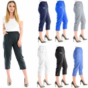 Women's Ladies Elasticated 3/4 Shorts Cropped Capri Trousers ,Pants - Picture 1 of 25