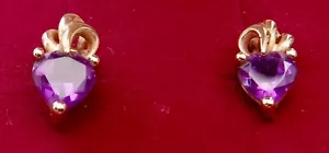 Heart-Shaped Purple Amethyst Stud Earrings P10K Yellow Gold Filigree - Picture 1 of 10