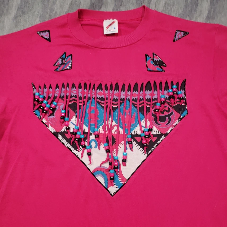 Top vintage Jerzees para mujer grande rosa estampado azteca del suroeste flecos con cuentas Foto 1 de 4