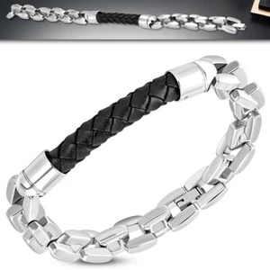 Stainless Steel Silver-Tone Braided Black Faux Leather Link Bracelet, 8.5" - Picture 1 of 2