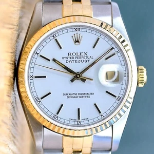 ROLEX DATEJUST 16233 UNISEX WATCH WHITE INDEX DIAL FLUTED TWO-TONE JUBILEE 36 MM - Picture 1 of 9