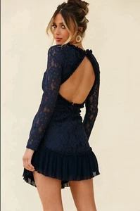NWT Stunning Angel Biba Long Sleeve Open Back Lace Dress in Navy - Picture 1 of 6