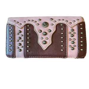 Womens Wallet Studded Pink/Burgundy Large 7.5x4" Change Purse Multi-Pocket - Picture 1 of 9