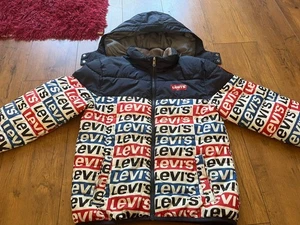 Levi Strauss Puffer Jacket Size 12-13 Years Boys Blue White Red Hooded - Picture 1 of 10