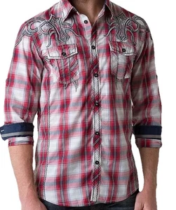 Roar Signature Red Wild Hearted Men's Button Up Plaid Shirt Y2K Embroidery SZ M - Picture 1 of 23