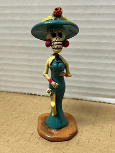 Day of the Dead,Dia De Los Muertos Signed Lady Skeleton Skull Clay Figure Mexico - Picture 1 of 7