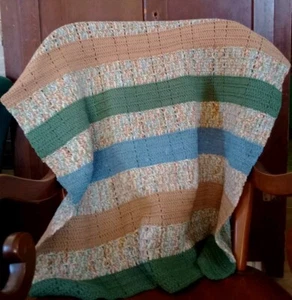 New Vintage Handmade Crochet Afghan 35" x 50" Blue Green Tan Earth Tone Stripe - Picture 1 of 7