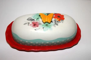 The Pioneer Woman Scalloped Butterfly Floral Red Multicolor Ceramic Butter Dish - Picture 1 of 5