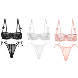 Tie Up Underwear Lady Bras Set Lace Sexy Lingerie Unlined Brassiere Thong Briefs - Picture 1 of 13