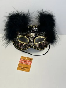Spooky Village Masquerade Mask Black Feathers Leopard Print - Picture 1 of 3