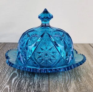 Kemple Blue Yutec Fan & Star Pressed Glass Butter Dish Vintage Lidded Server - Picture 1 of 8