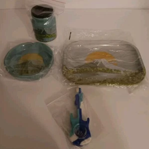 Ashtray(Ceramic), Stash Jar(Ceramic), Tray(Tin) Matching Mt. Scene, 1 Pipe... - Picture 1 of 9