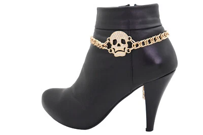 Women Gold Metal Boot Chain Bracelet Shoe Charm Rider Bling Look Skeleton Skull - Image 1 of 4