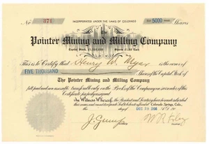 Pointer Mining and Milling Company. Certificato di magazzino. Colorado. 1906 - Foto 1 di 1