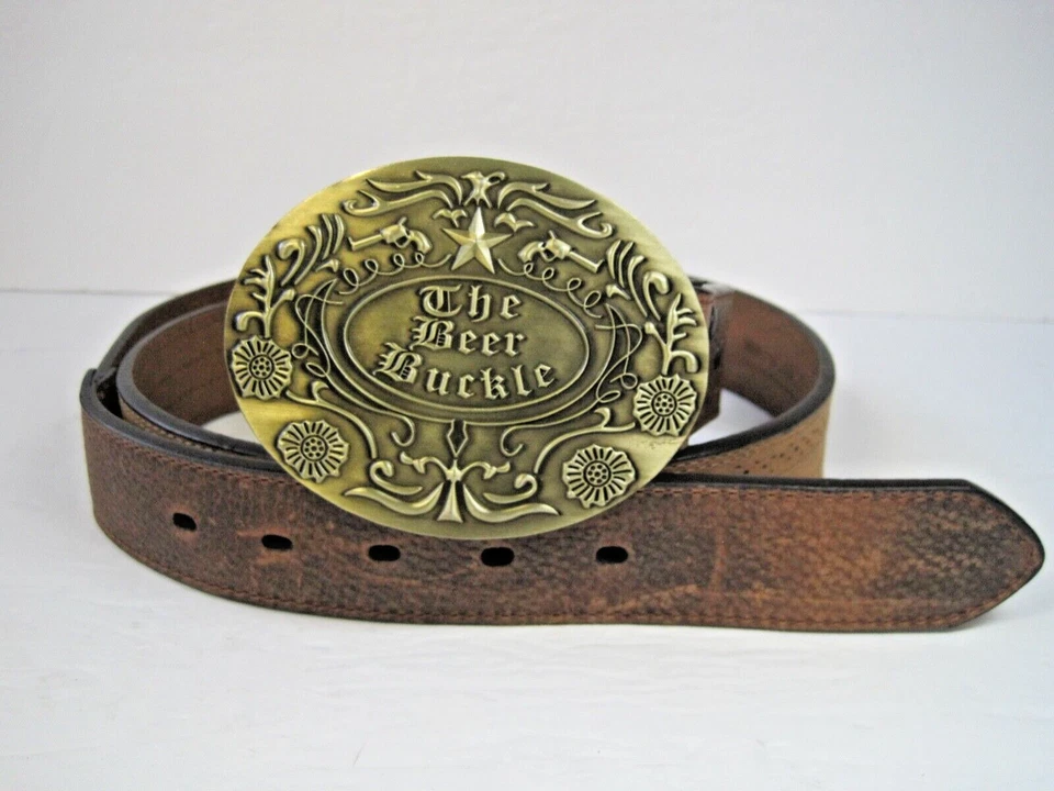 Cinturón para hombre Dan Post cuero marrón superpuesto occidental "The Beer Buckle" talla 42 Foto 1 de 4