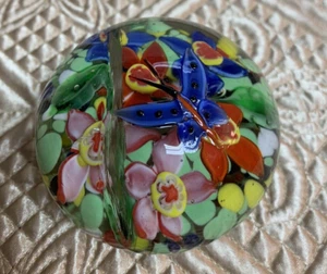 Glass 1 lb Paperweight Blue Butterfly Colorful Flower Flowers Red Green Yellow - Picture 1 of 7