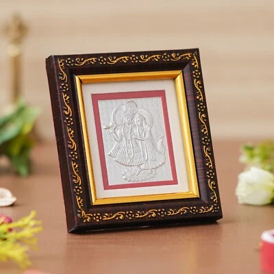 Radha Krishna Photo Frame Wall Hanging Decor 999 Silver Plated Framed 4" Gifting - Image 1 of 4