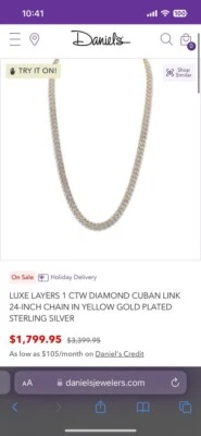 CADENA DE 24 PULGADAS ESLABONES CUBANOS DIAMANTE 1CTW NUNCA USADA EN PLATA DE LEY CHAPADA EN ORO Foto 1 de 4