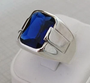 Solid 925 Sterling Silver Blue Sapphire Zircon Gemstone Signet Gift Men's Ring - Picture 1 of 10