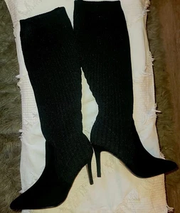 Catherine Malangrino Woman’s Knit Knee High Heeled /Stiletto Boots Black sz 8.5 - Picture 1 of 14