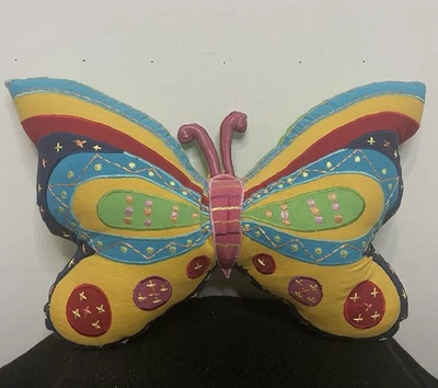 Cupcakes & Cartwheels Butterfly Throw Pillow Embroidered Green Pink Blue Yellow - Image 1 of 4