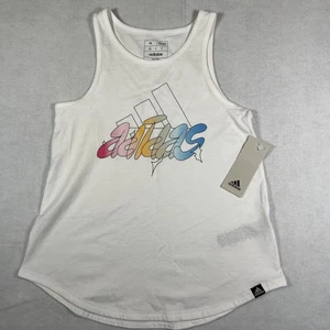 Adidas Girls Medium 10/12 Tank Top Curved-Hem Cotton Logo White msrp $20 - Picture 1 of 5