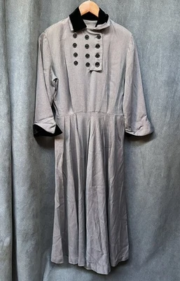 Vintage 40s Sharkskin Day Dress Black Velvet Trim - Image 1 of 4