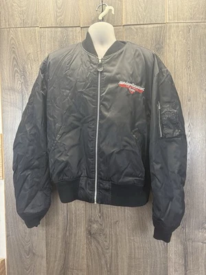 Vtg Mes M Harley Davidson Café New York Black Satin Jean Jacket Ride - Image 1 of 4