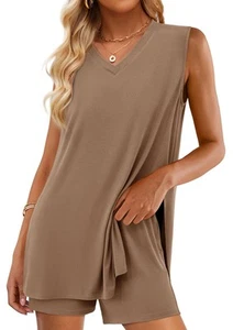 Women's 2025 Summer 2 Piece Lounge Sets V Neck Long Tank Tops High Waisted Sh... - Picture 1 of 8