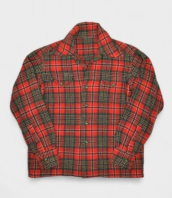 Vintage Wool Shirt Mens Small Red Tartan Plaid Flannel Button Up 70s Rockabilly - Image 1 of 4