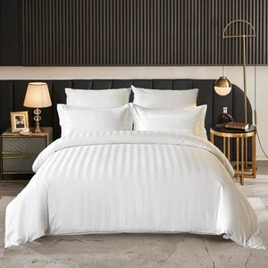 Hotel Bedding Duvet Cover Queen Size Cotton White Satin Striped Textured with... - Picture 1 of 8