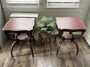Vintage Pair Adams Always Regency Style Mahogany Red Leather Top 2 Tier Tables  - Picture 1 of 10