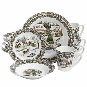 Christmas Toile 16Piece Holiday Assorted Porcelain Dinnerware Set(Service for4) 