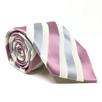 Corbata Donald J Trump Signature Rosa Blanco Plata Rayas 100% Seda Hecha a Mano Foto 1 de 4