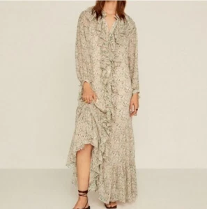Mng Maxi Dress 6 Ditsy Pink Green Floral Long Sleeve Ruffle V-Neck Button - Picture 1 of 15