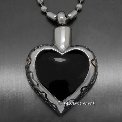 Urna conmemorativa de recuerdo de cremación corazón esmalte negro colgante de acero inoxidable + cadena Foto 1 de 4