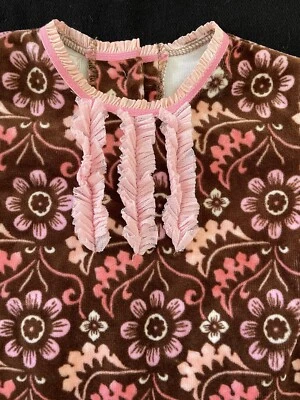 Baby Lulu EUC/NWOT? Pink/Brown Floral Ruffle Trim Velour Drop Seat Footie-9Mos - Image 1 of 4