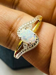Anello Opale Pietra Nascita Ottobre Argento 925 Oro 10K - Foto 1 di 8