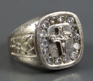 STERLING SILVER MEN'S RING Huge Signet CROSS CRUCIFIX JESUS Clear CZ's Nugget 9 - Picture 1 of 6