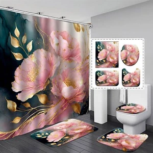 Pink and Gold Floral Shower Curtains Sets for Bathroom Abstract Peony Flower ... - Picture 1 of 8