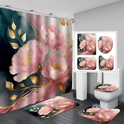 Juegos de cortinas de ducha florales rosa y dorado para baño flor peonía abstracta... Foto 1 de 4
