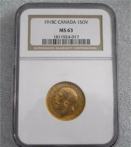 1918 C CANADA GOLD COIN SOVEREIGN GEORGE V MS-63 BY NGC GEM - Picture 1 of 7