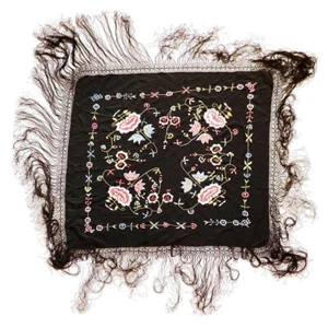 Vintage Spanish Silk Embroidered Fringed Flamenco Shawl Mantoncillo Pico Fringe - Picture 1 of 10