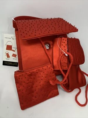 BOLSO DE MANO SASHA NEW YORK CON CUENTAS Rojo Noche Satén Muñeca y Correa Larga con Accesorios Foto 1 de 4