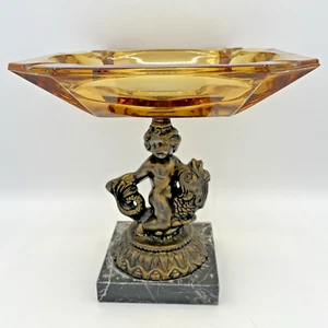 Cherub & Koi Fish Pedestal Amber Glass Ashtray Marble Base - Hollywood Regency - Picture 1 of 15