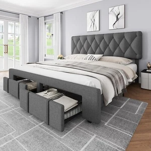 Full Queen King Size Bed Frame Upholstered Headboard Platform w/ Storage Drawers - Picture 1 of 36