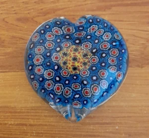 Murano Style Art Glass Millefiore Heart Shaped Paperweight Blue - Picture 1 of 9