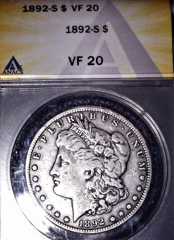 1892-S Morgan Silver Dollar, ANACS VF20. Very Tough Date, Issue  Free Cover